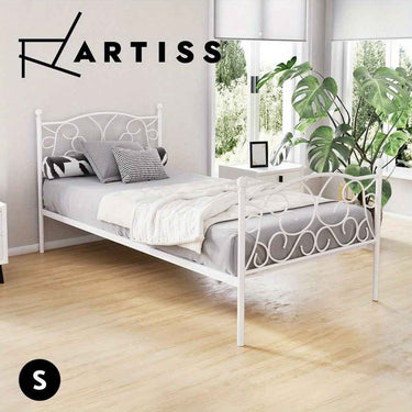 Artiss Single bed Size Metal Bed Frame - Contemporary White GROA Platform Foundation with Intricate Headboard Design